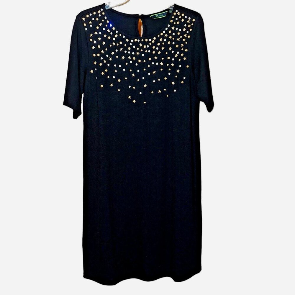 C Wonder Black Midi Dress Stars Rhinestones  Cosmic Glam Quiet Luxury Size 6